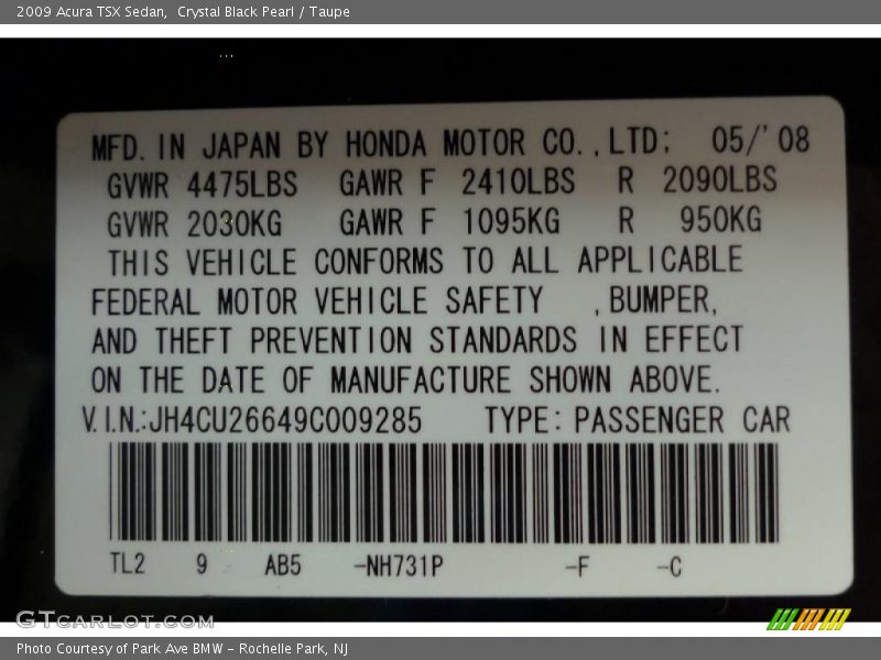 Crystal Black Pearl / Taupe 2009 Acura TSX Sedan