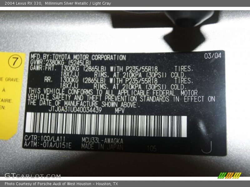 Millinnium Silver Metallic / Light Gray 2004 Lexus RX 330