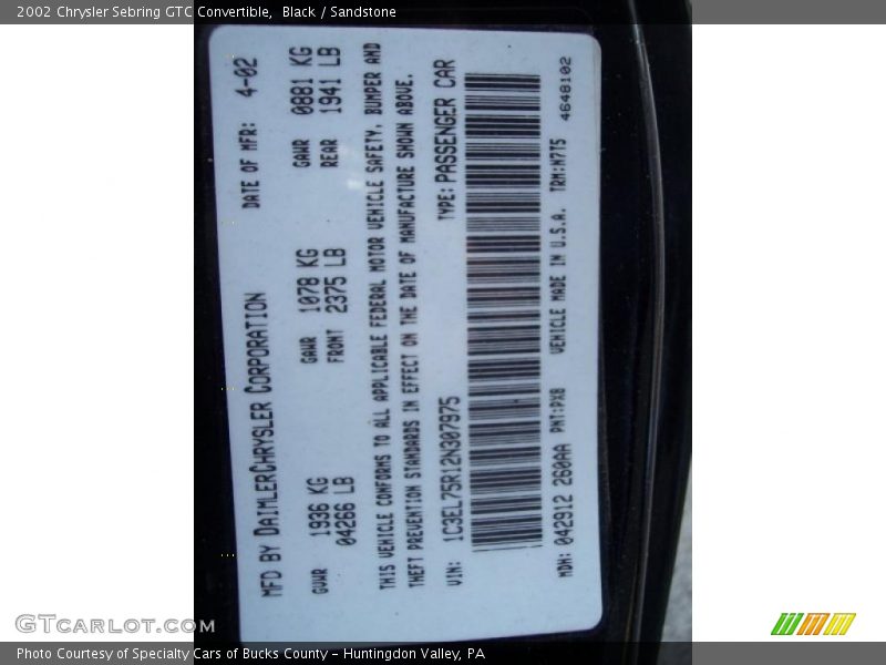 Black / Sandstone 2002 Chrysler Sebring GTC Convertible