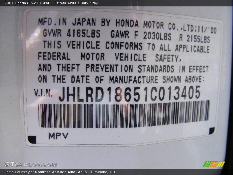 Taffeta White / Dark Gray 2001 Honda CR-V EX 4WD