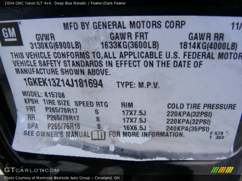 Deep Blue Metallic / Pewter/Dark Pewter 2004 GMC Yukon SLT 4x4