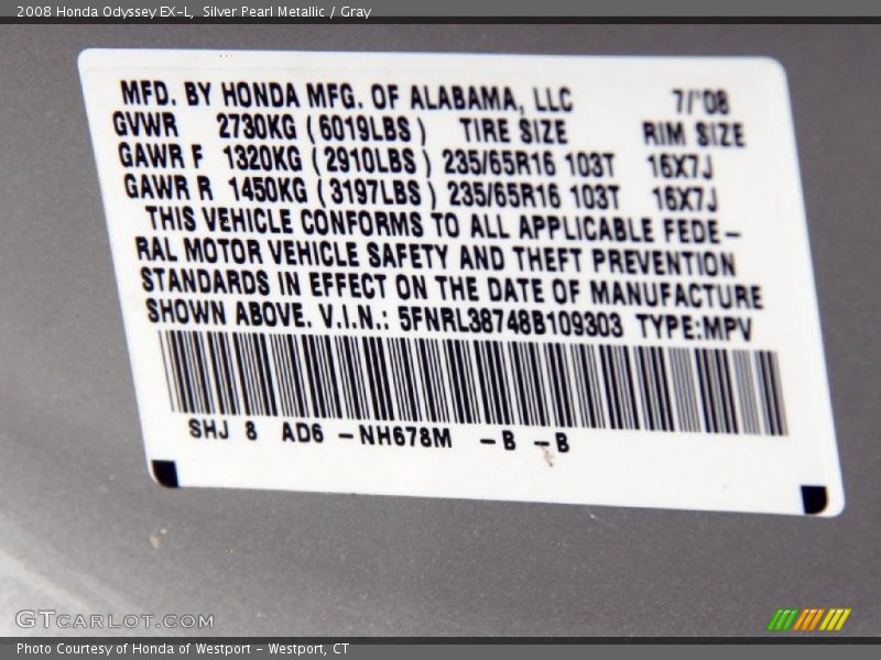 Silver Pearl Metallic / Gray 2008 Honda Odyssey EX-L