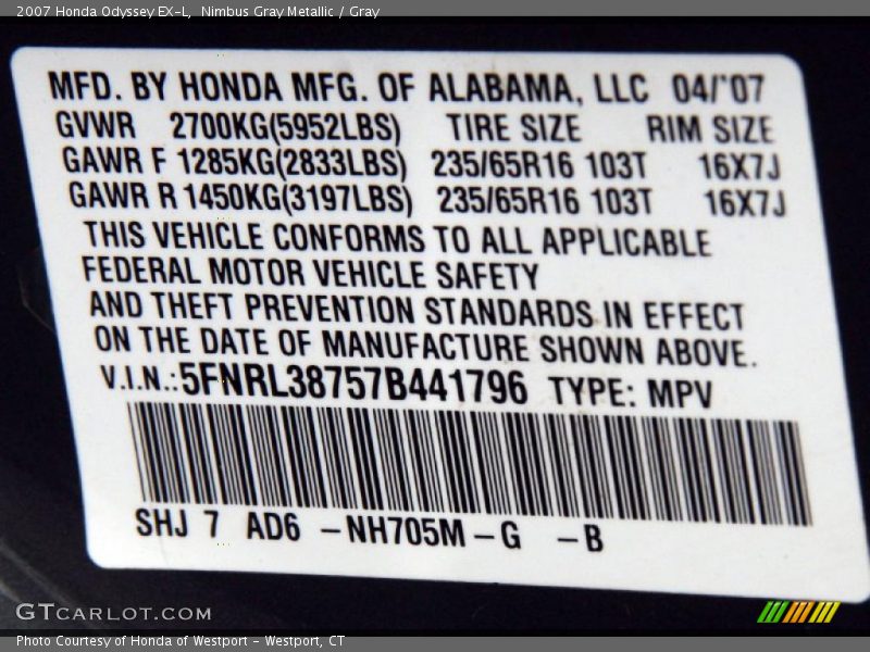 Nimbus Gray Metallic / Gray 2007 Honda Odyssey EX-L