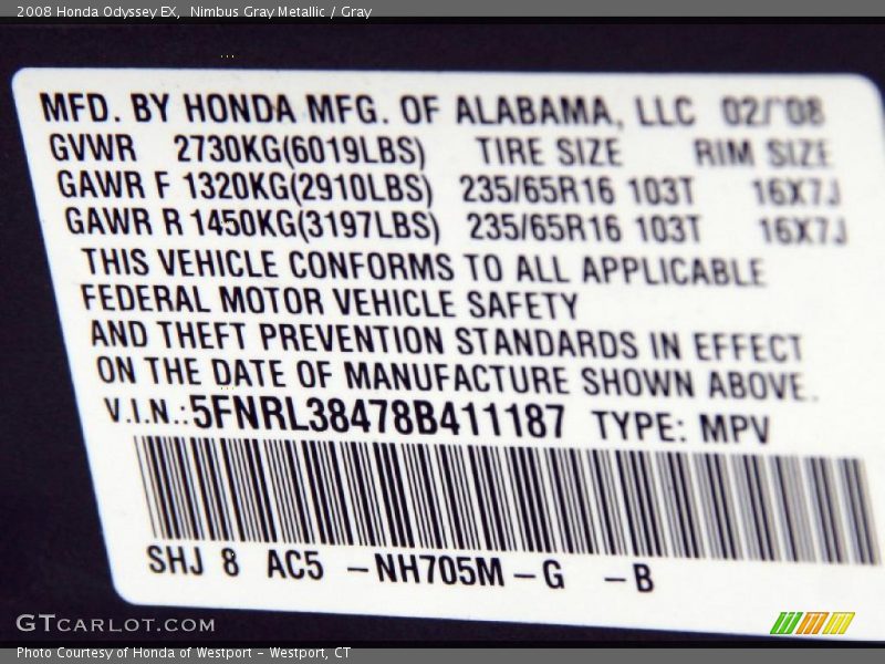 Nimbus Gray Metallic / Gray 2008 Honda Odyssey EX