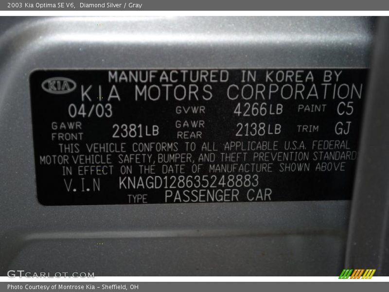 Diamond Silver / Gray 2003 Kia Optima SE V6