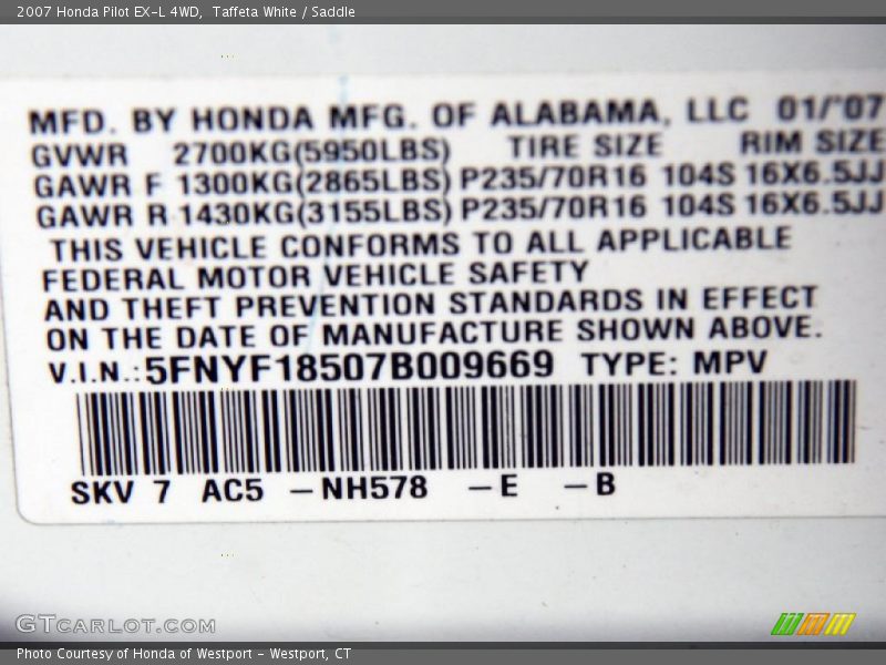 Taffeta White / Saddle 2007 Honda Pilot EX-L 4WD