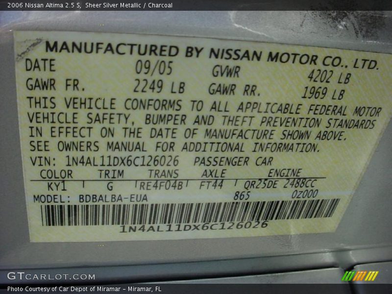 Sheer Silver Metallic / Charcoal 2006 Nissan Altima 2.5 S