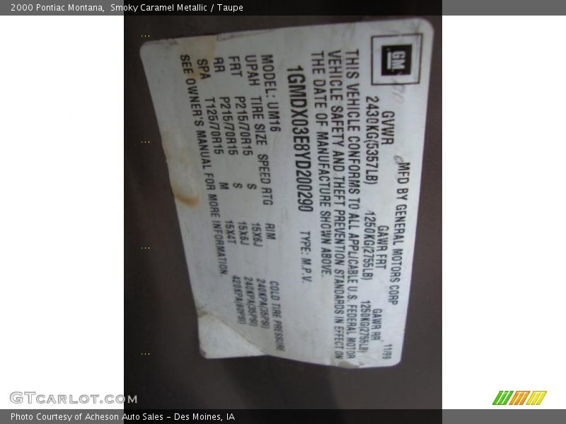 Smoky Caramel Metallic / Taupe 2000 Pontiac Montana