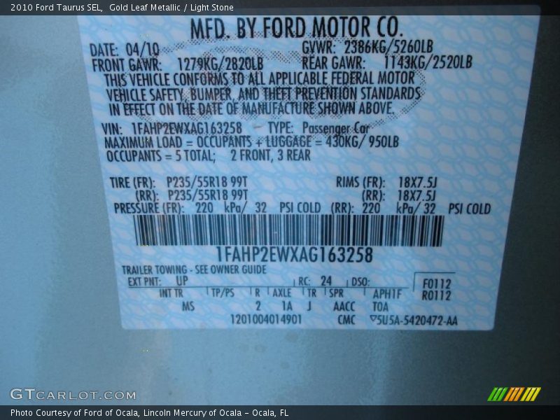 2010 Taurus SEL Gold Leaf Metallic Color Code UP