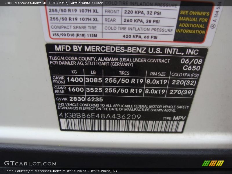 Arctic White / Black 2008 Mercedes-Benz ML 350 4Matic