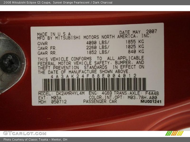Sunset Orange Pearlescent / Dark Charcoal 2008 Mitsubishi Eclipse GS Coupe