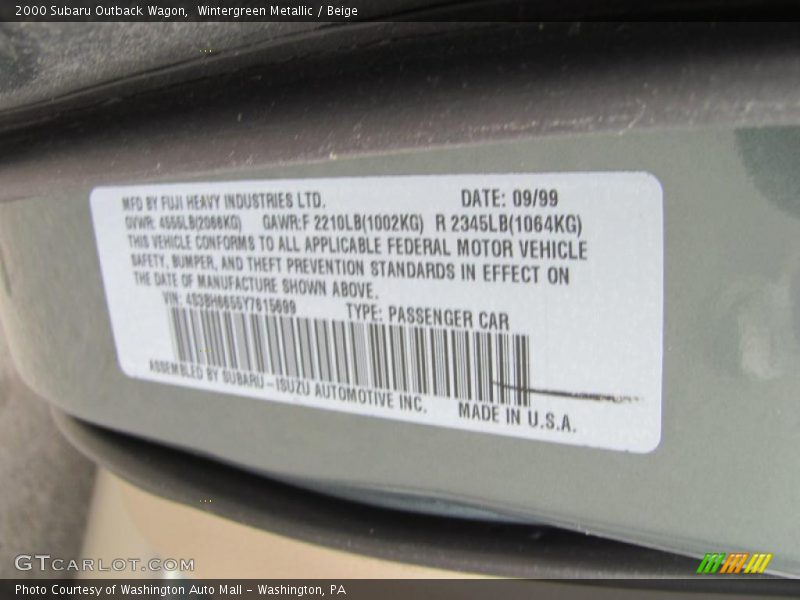 Wintergreen Metallic / Beige 2000 Subaru Outback Wagon
