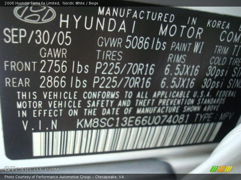 Nordic White / Beige 2006 Hyundai Santa Fe Limited