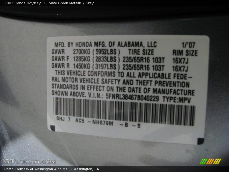 Slate Green Metallic / Gray 2007 Honda Odyssey EX