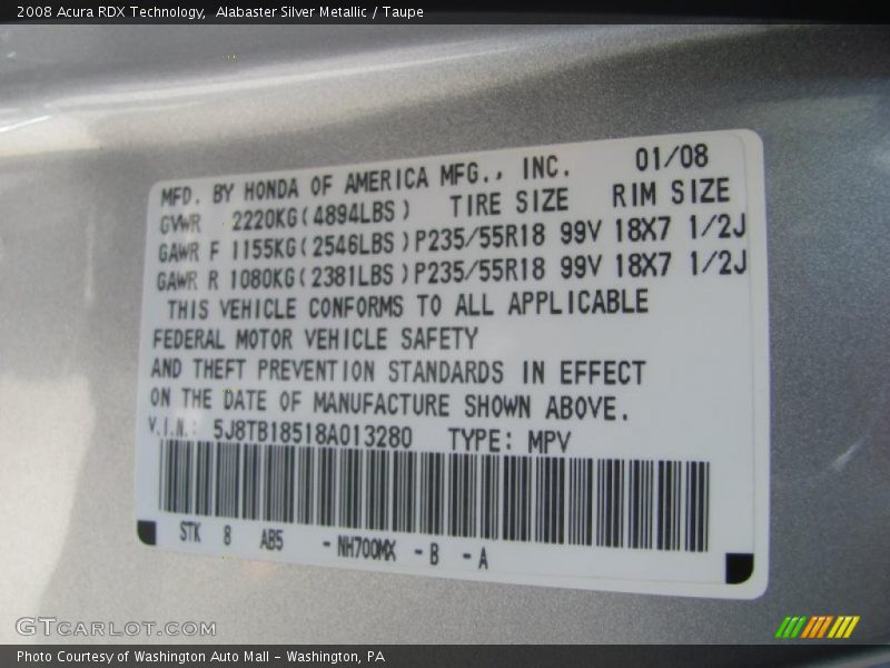 Alabaster Silver Metallic / Taupe 2008 Acura RDX Technology