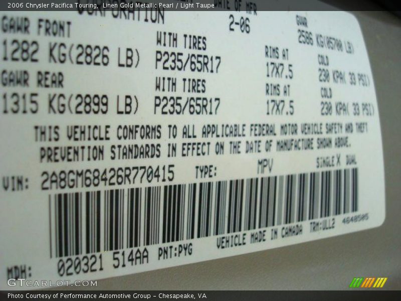 Linen Gold Metallic Pearl / Light Taupe 2006 Chrysler Pacifica Touring