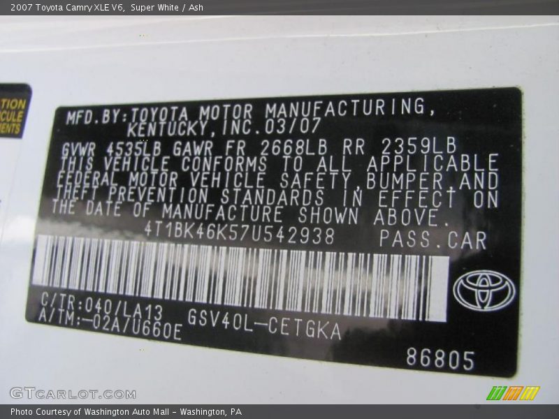 Super White / Ash 2007 Toyota Camry XLE V6