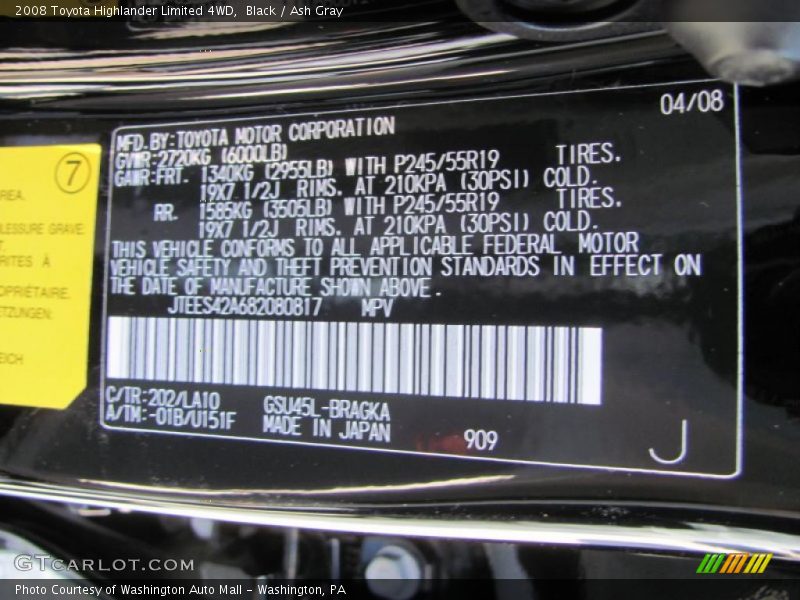 Black / Ash Gray 2008 Toyota Highlander Limited 4WD