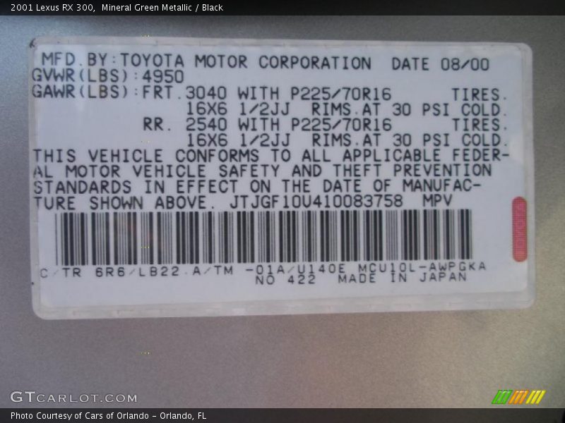 Mineral Green Metallic / Black 2001 Lexus RX 300