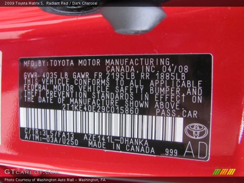 Radiant Red / Dark Charcoal 2009 Toyota Matrix S