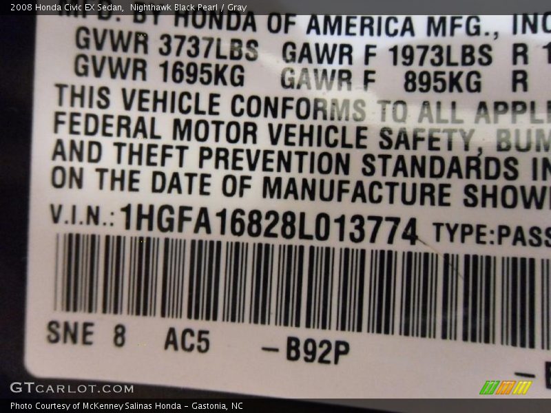 Nighthawk Black Pearl / Gray 2008 Honda Civic EX Sedan