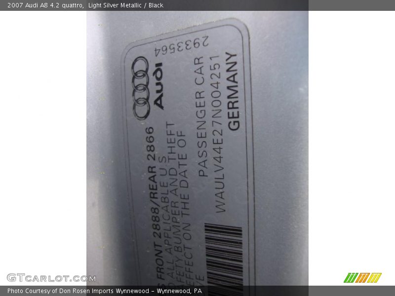 Light Silver Metallic / Black 2007 Audi A8 4.2 quattro