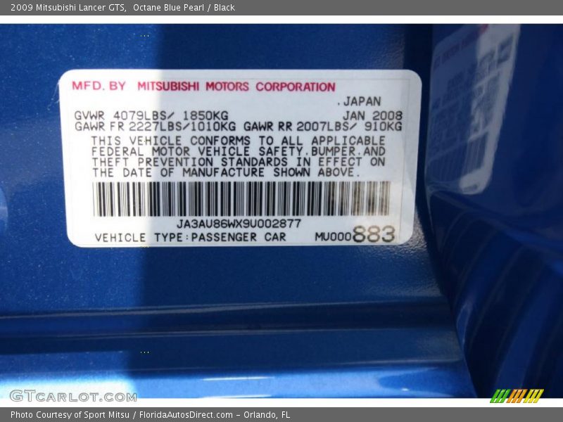 Octane Blue Pearl / Black 2009 Mitsubishi Lancer GTS