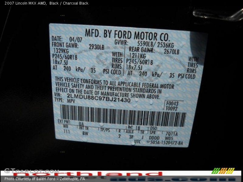 Black / Charcoal Black 2007 Lincoln MKX AWD