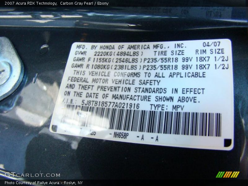Carbon Gray Pearl / Ebony 2007 Acura RDX Technology