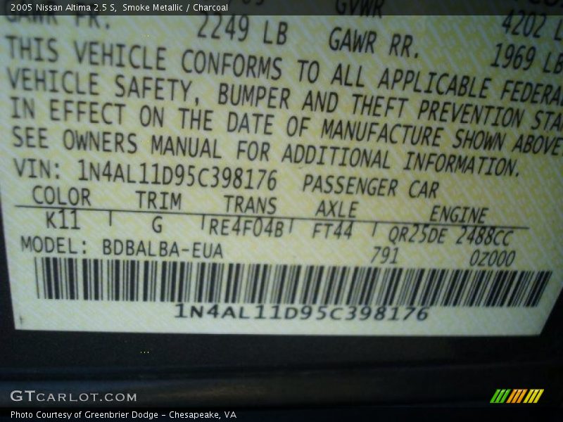 Smoke Metallic / Charcoal 2005 Nissan Altima 2.5 S
