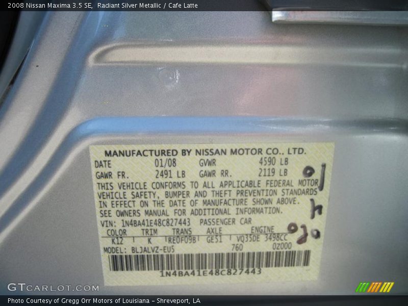 Radiant Silver Metallic / Cafe Latte 2008 Nissan Maxima 3.5 SE