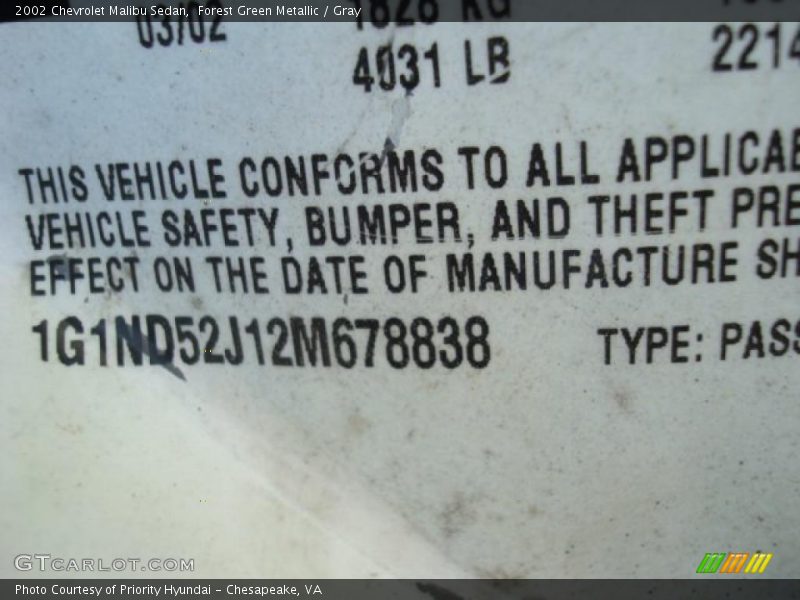 Forest Green Metallic / Gray 2002 Chevrolet Malibu Sedan