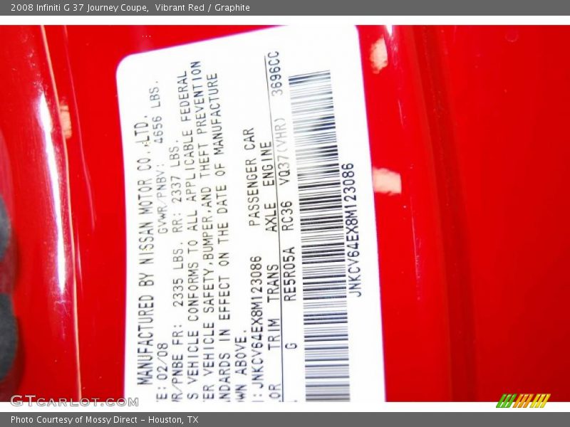 Vibrant Red / Graphite 2008 Infiniti G 37 Journey Coupe