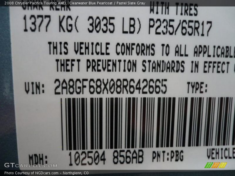 Clearwater Blue Pearlcoat / Pastel Slate Gray 2008 Chrysler Pacifica Touring AWD
