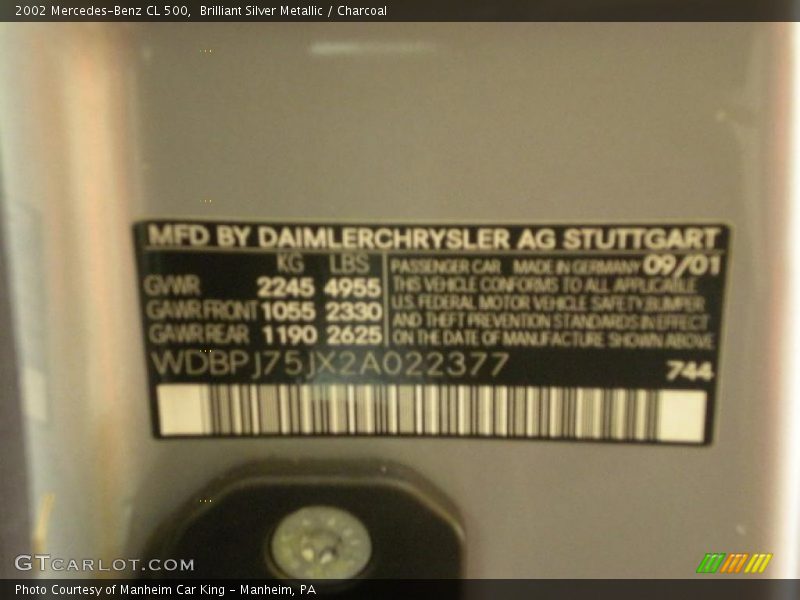 Brilliant Silver Metallic / Charcoal 2002 Mercedes-Benz CL 500