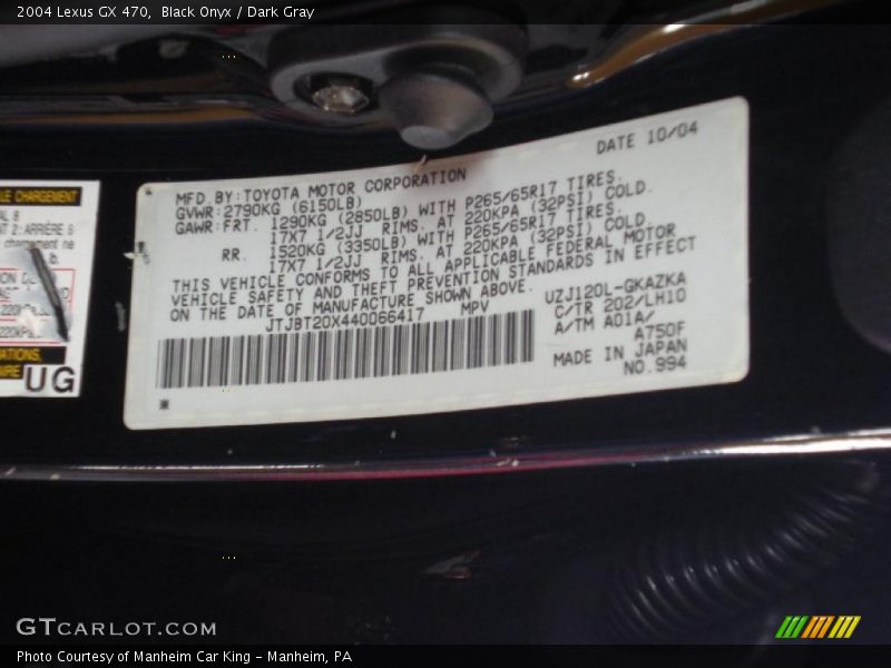 Black Onyx / Dark Gray 2004 Lexus GX 470