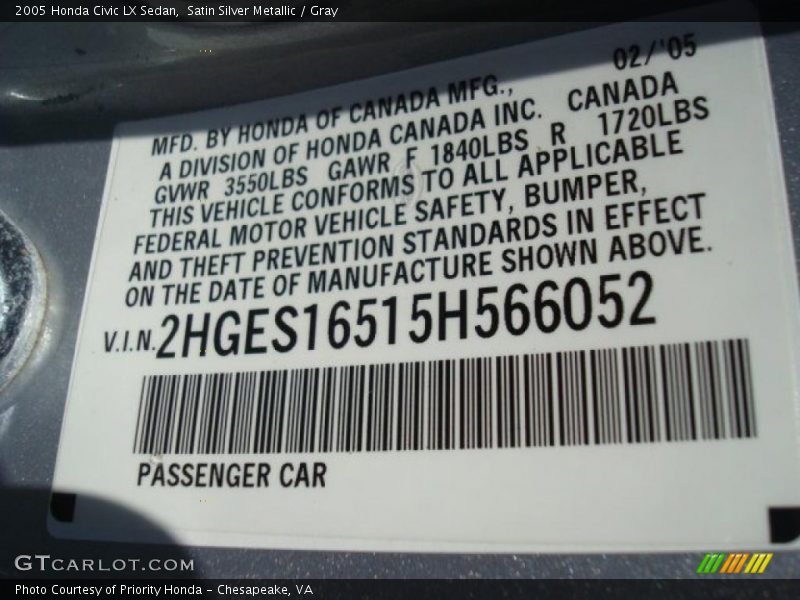 Satin Silver Metallic / Gray 2005 Honda Civic LX Sedan