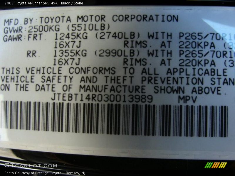 Black / Stone 2003 Toyota 4Runner SR5 4x4