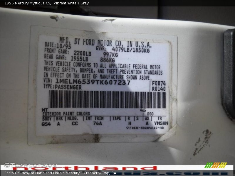 Vibrant White / Gray 1996 Mercury Mystique GS