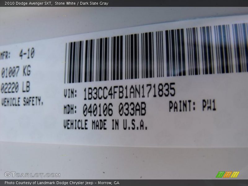 Stone White / Dark Slate Gray 2010 Dodge Avenger SXT