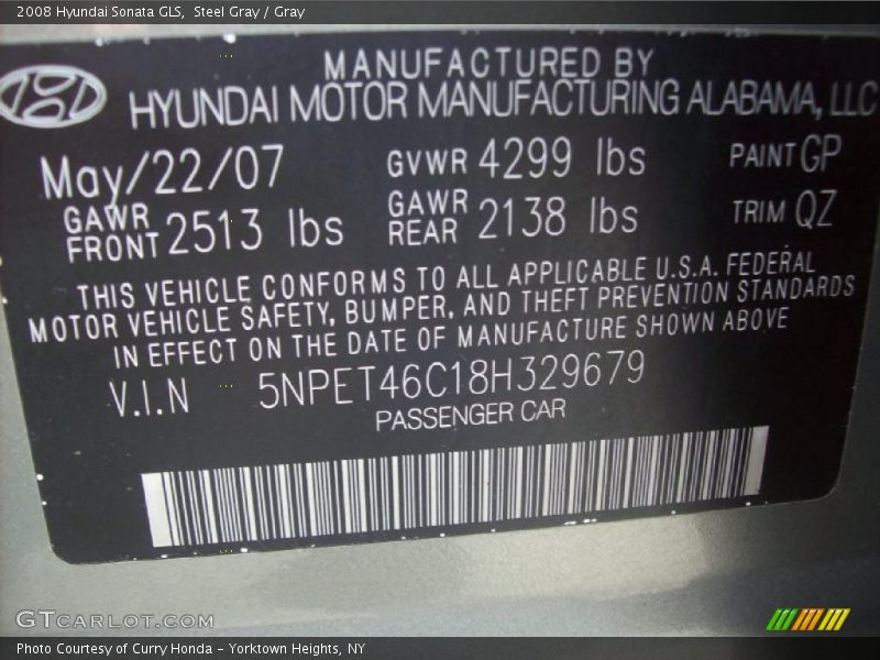 Steel Gray / Gray 2008 Hyundai Sonata GLS