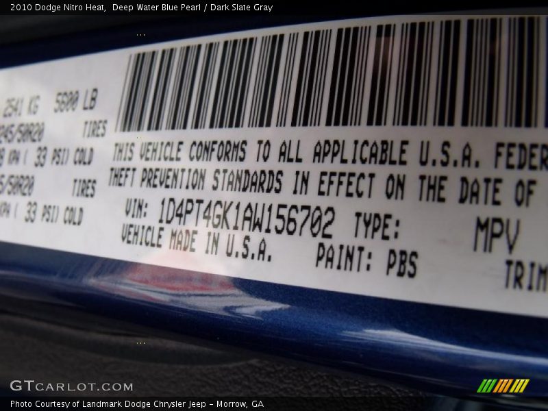 Deep Water Blue Pearl / Dark Slate Gray 2010 Dodge Nitro Heat