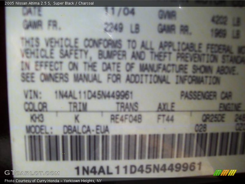 Super Black / Charcoal 2005 Nissan Altima 2.5 S
