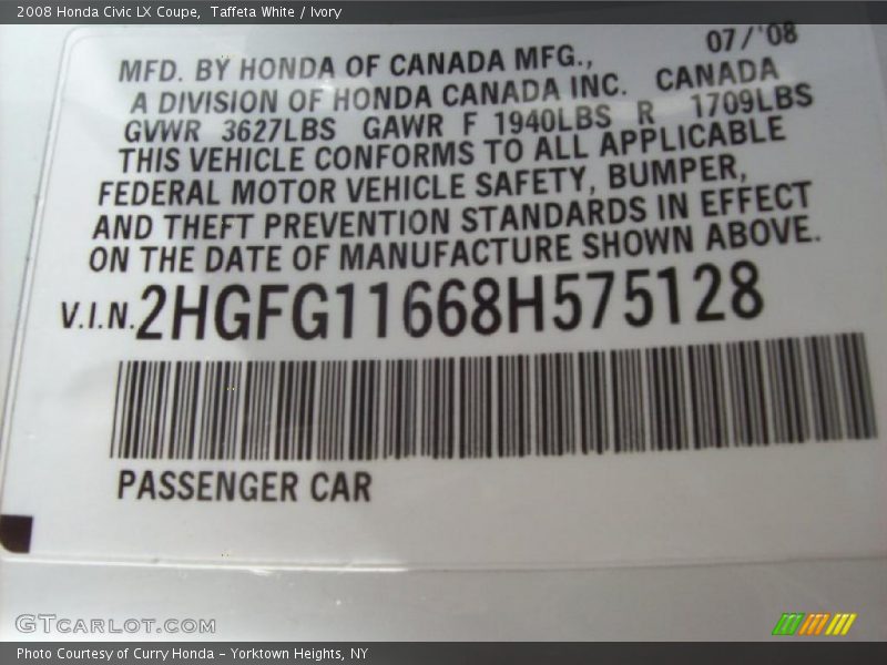 Taffeta White / Ivory 2008 Honda Civic LX Coupe