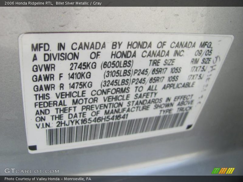 Billet Silver Metallic / Gray 2006 Honda Ridgeline RTL