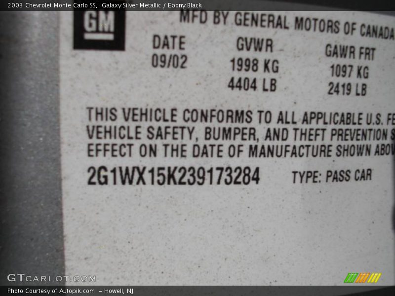 Galaxy Silver Metallic / Ebony Black 2003 Chevrolet Monte Carlo SS