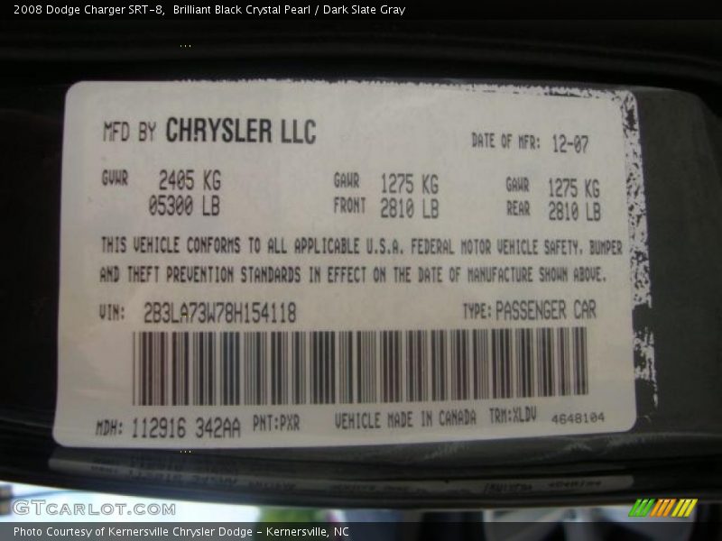 Brilliant Black Crystal Pearl / Dark Slate Gray 2008 Dodge Charger SRT-8