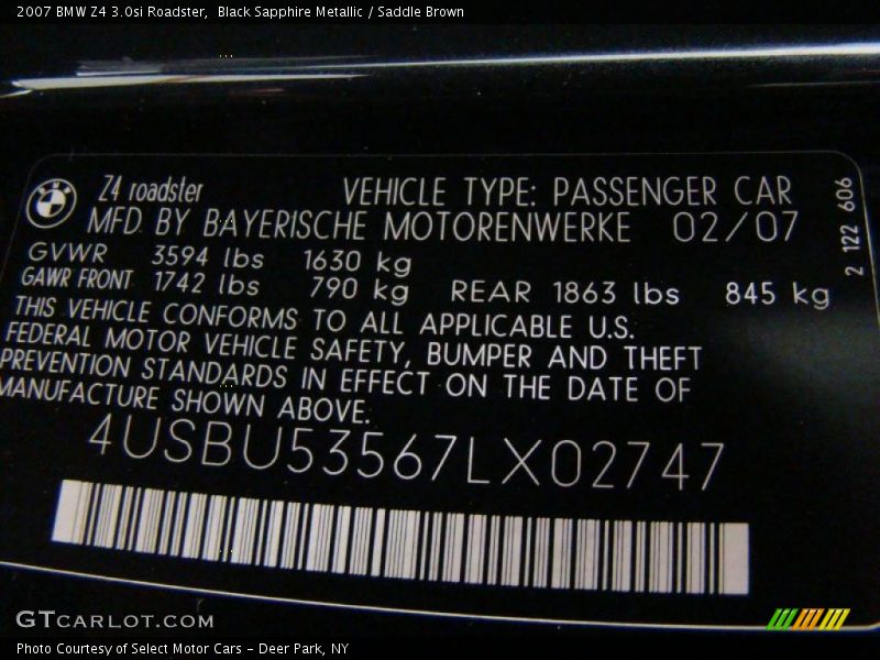 Black Sapphire Metallic / Saddle Brown 2007 BMW Z4 3.0si Roadster