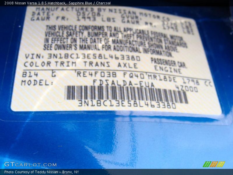 Sapphire Blue / Charcoal 2008 Nissan Versa 1.8 S Hatchback