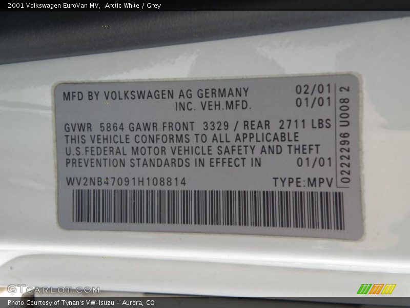 Arctic White / Grey 2001 Volkswagen EuroVan MV